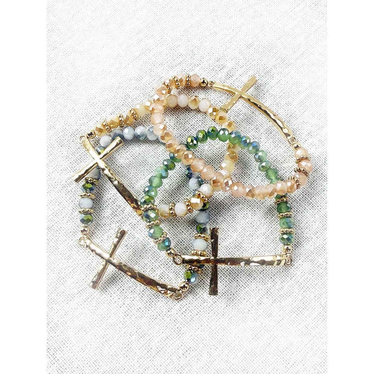 Hammered Cross Bead Stretch Bracelet