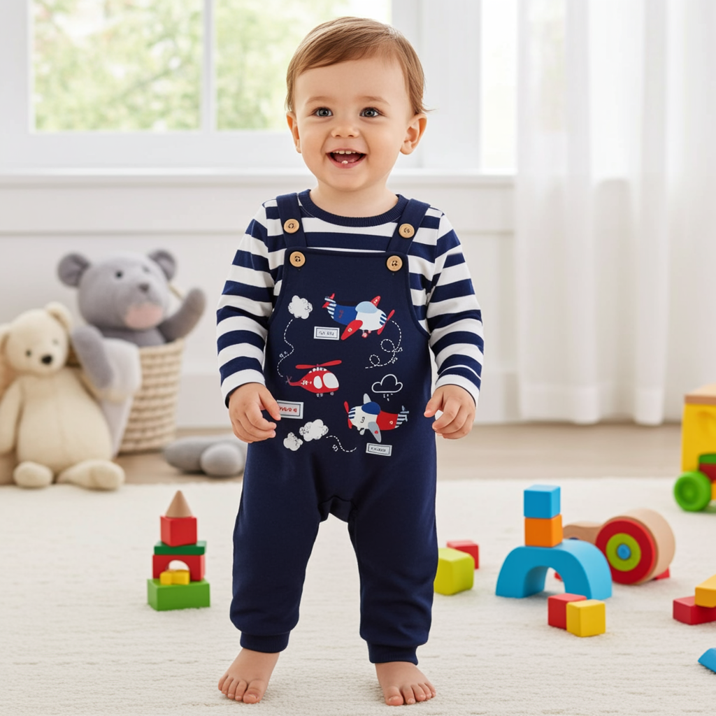 2pcs Baby Boy Airplane Pattern Hanging Strap Set: Dark Blue / 12-18 Months