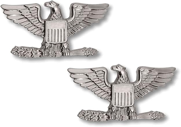 COLONEL EAGLE SILVER NICKEL UNIFORM COLLAR BRASS PINS INSIGNIA EMBLEM ARMY MILITARY POLICE, SMALL 1" x 1/2" (Sold as PAIR, 2 Included !)