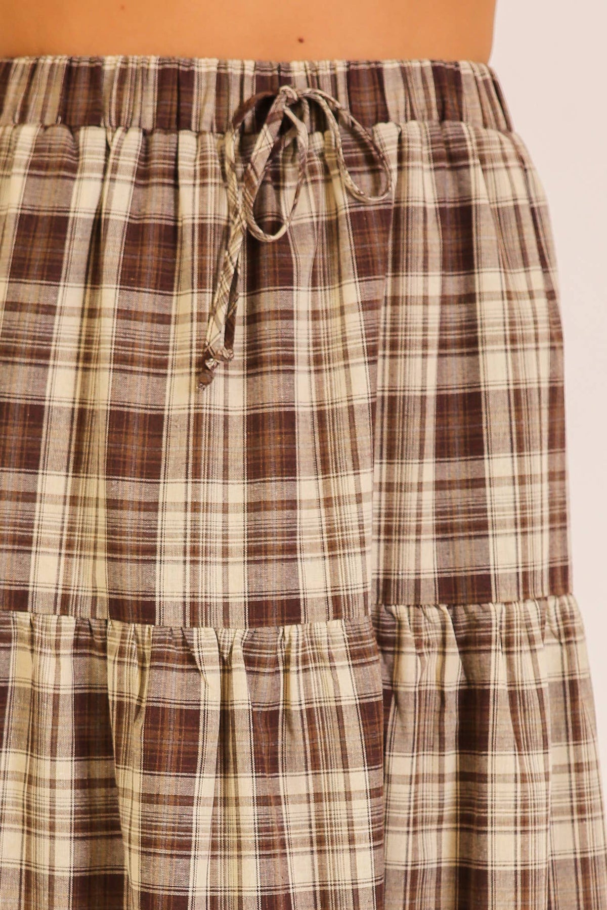 Plaid Tiered Maxi Skirt: Brown multi / L
