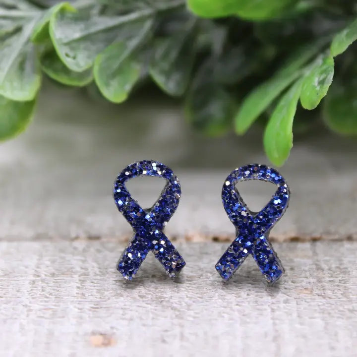 Blue Glitter Awareness Ribbon Stud Earrings