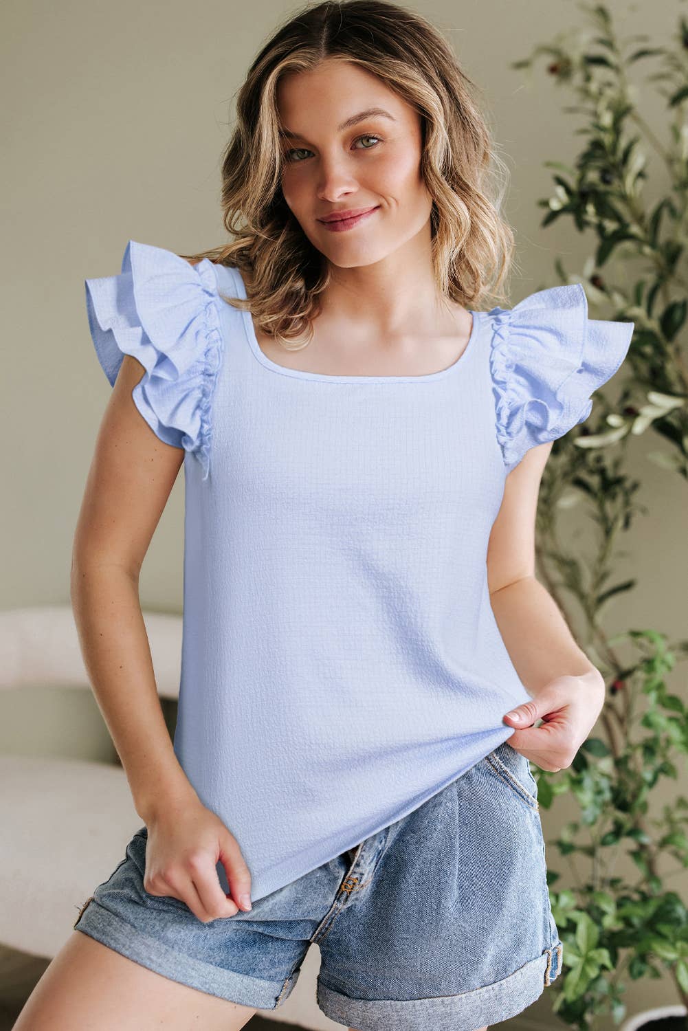 Textured Bow Knot Frilled Butterfly Sleeve Blouse | 3 Colors: Beau Blue