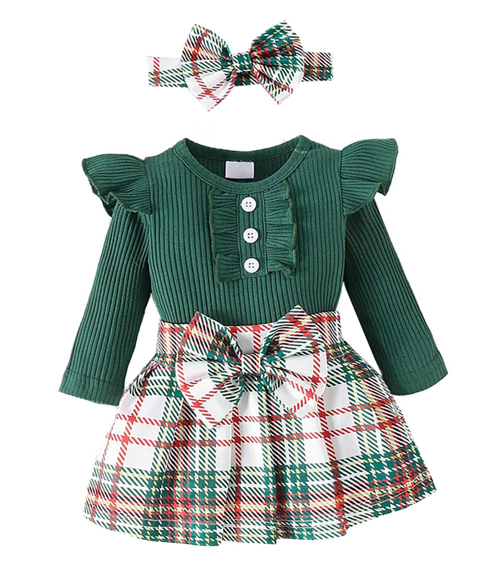 Plaid Ruffled Baby Dress & Headband: Green