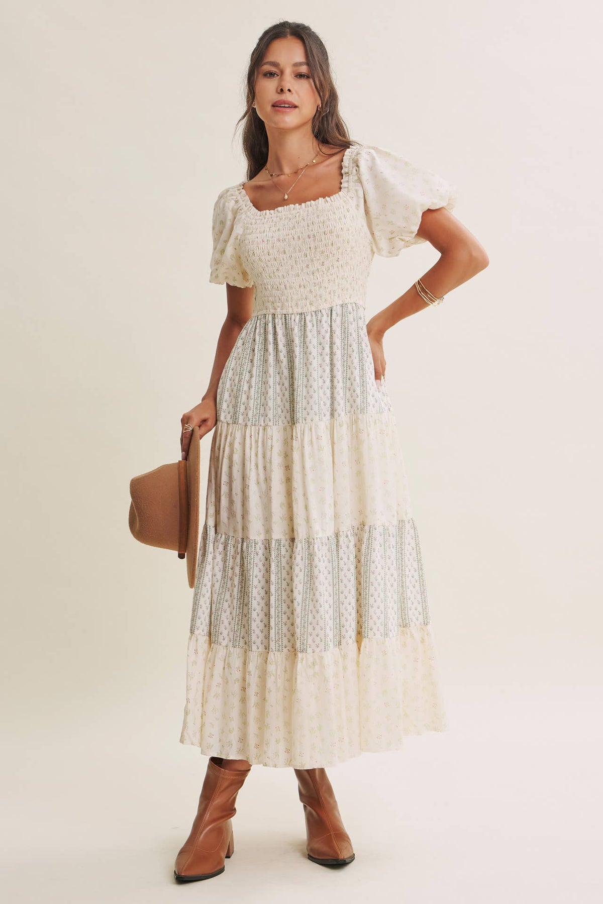 DAYDREAM PATCHWORK FLORAL SMOCKED TIERED MIDI DRESS: NATURAL/TAUPE / S
