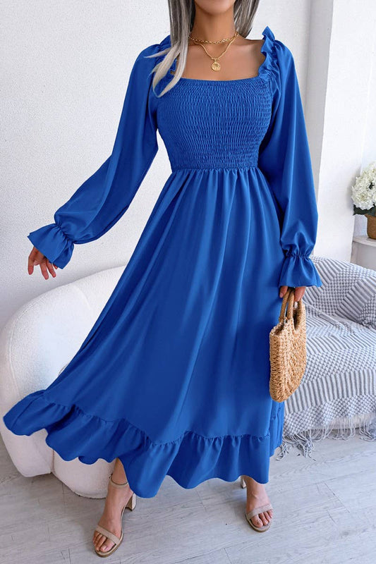 Square Neck Swing Flounce Long Dress