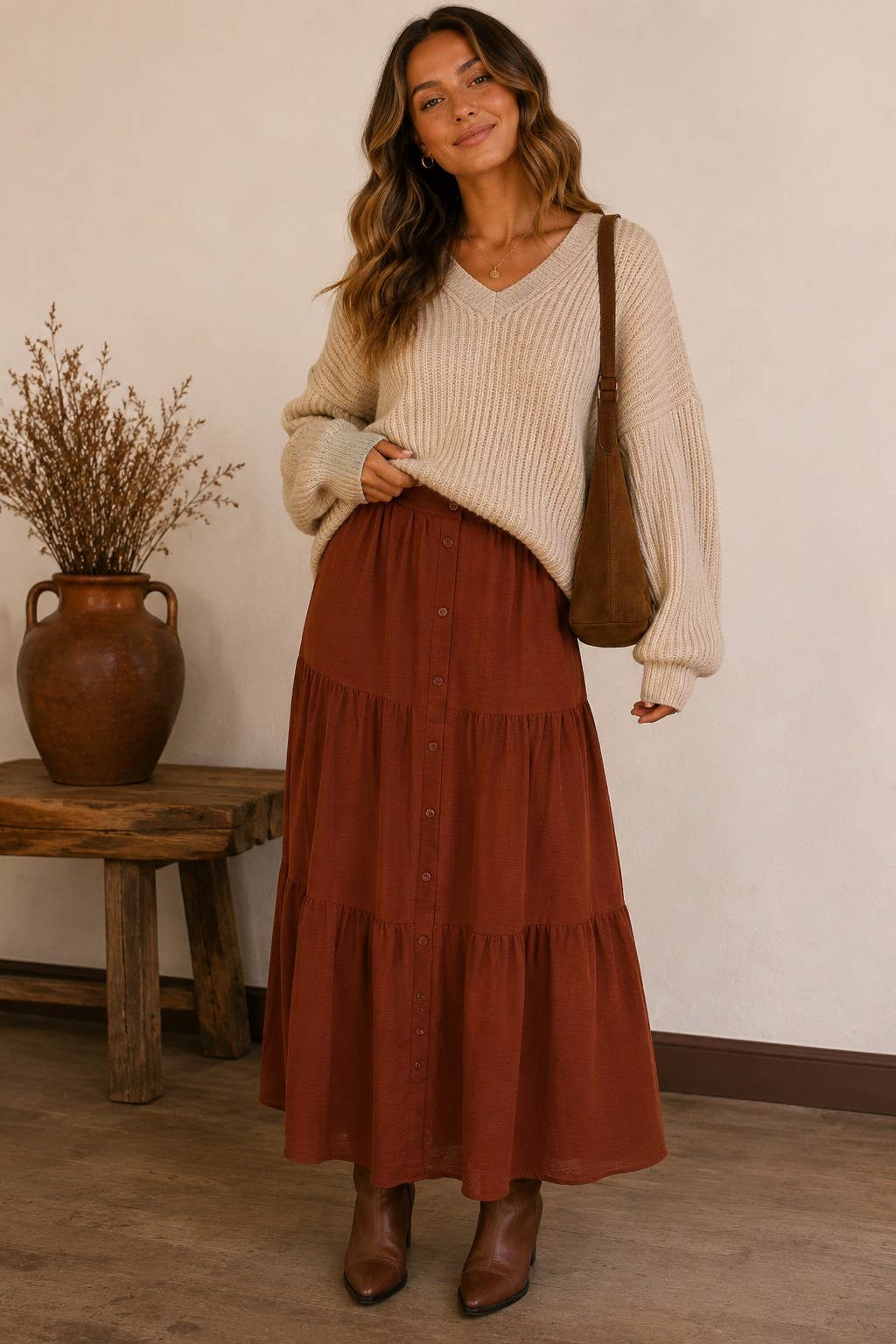 Button Front Tiered Maxi Skirt: Khaki / L