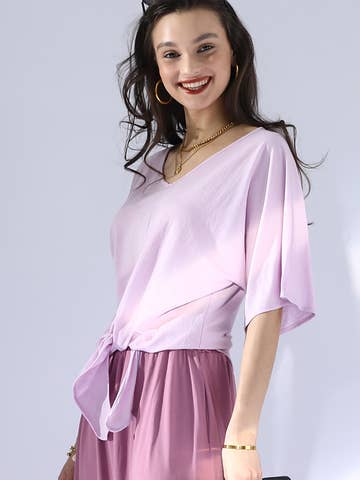 V NECK TIE UP SHORT SLEEVE CASUAL COOL TOP: Orange