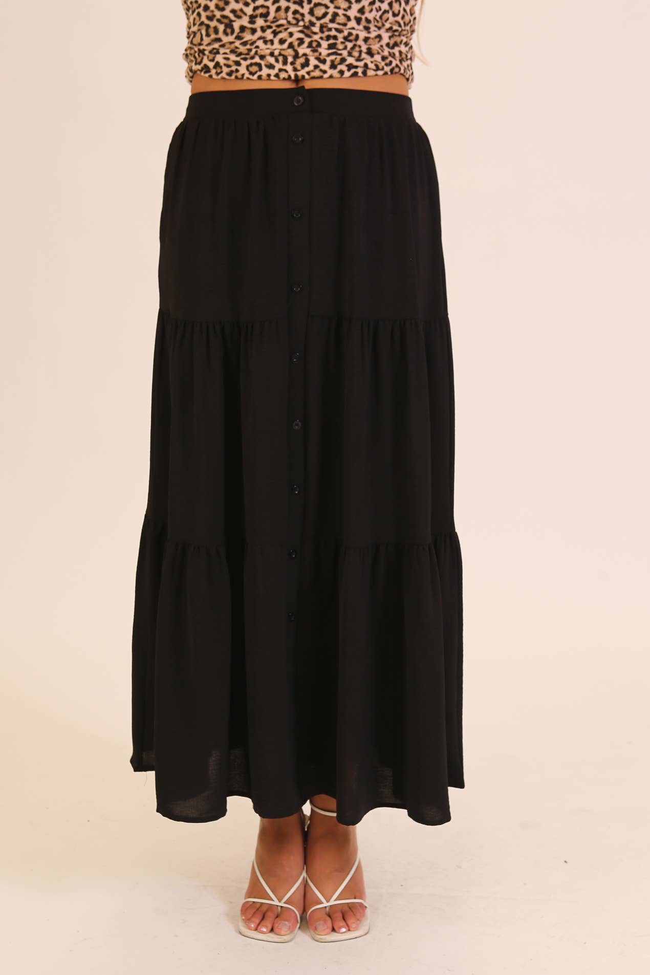 Button Front Tiered Maxi Skirt: Khaki / M