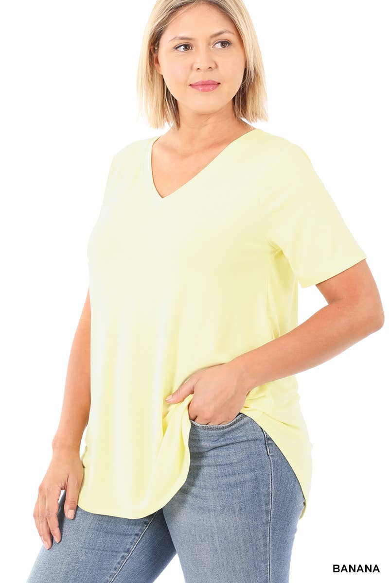 ',...[PLUS SIZE] SHORT SLEEVE V-NECK ROUND HEM TOP: MOCHA-55707 / 3X