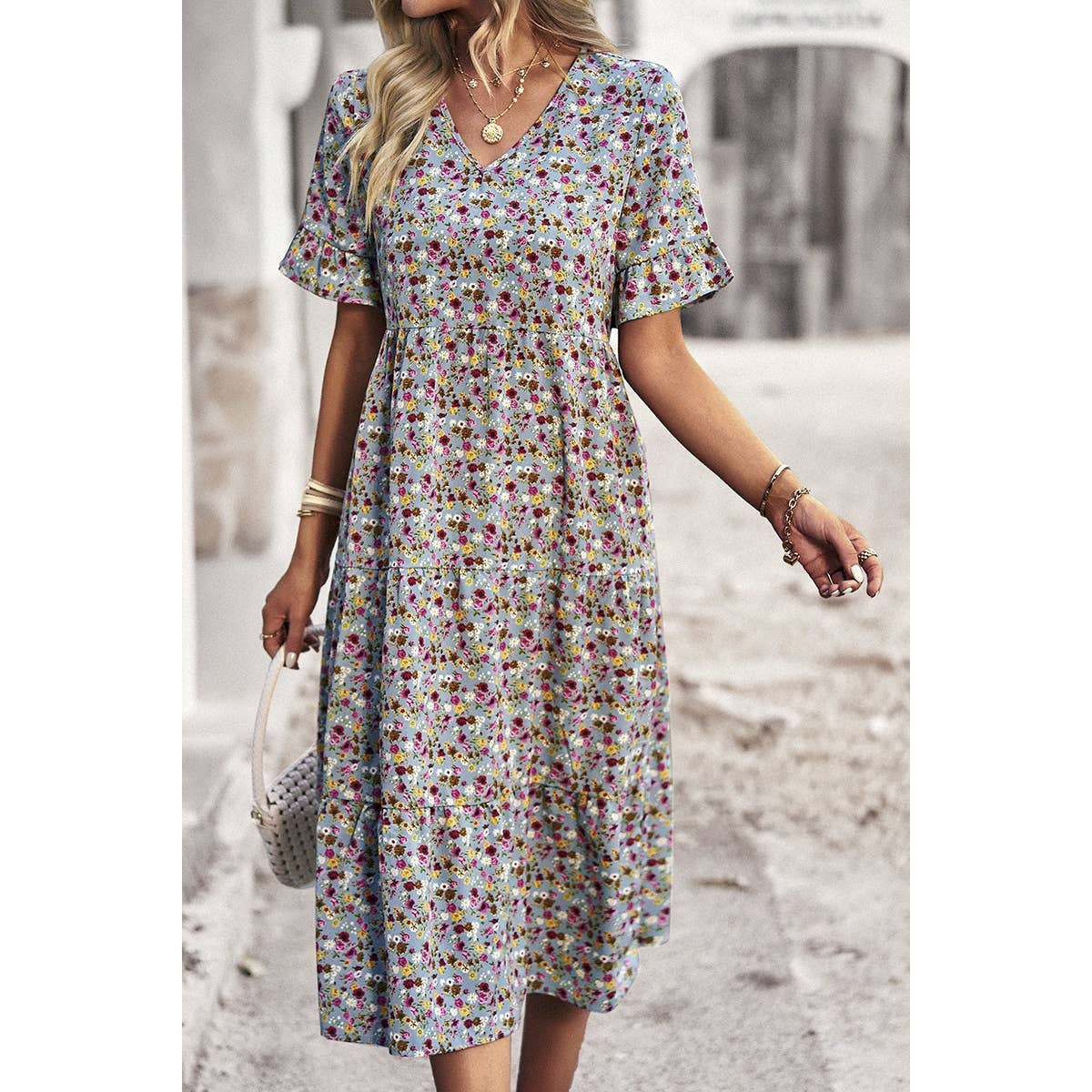 Boho Floral Ruffle Hem V Neck Short Sleeve Dress: BEIGE