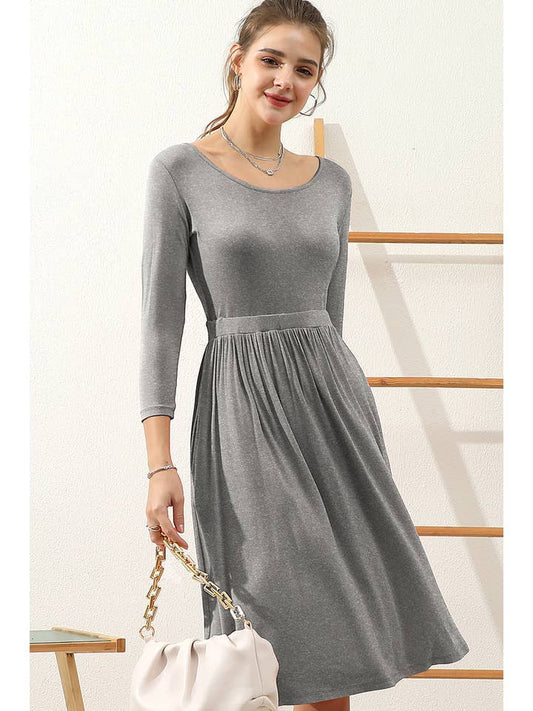U NECK A LINE WAIST BANDED SWING KNEE LENGTH DRESS: HGREY