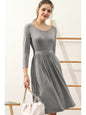 U NECK A LINE WAIST BANDED SWING KNEE LENGTH DRESS: HGREY