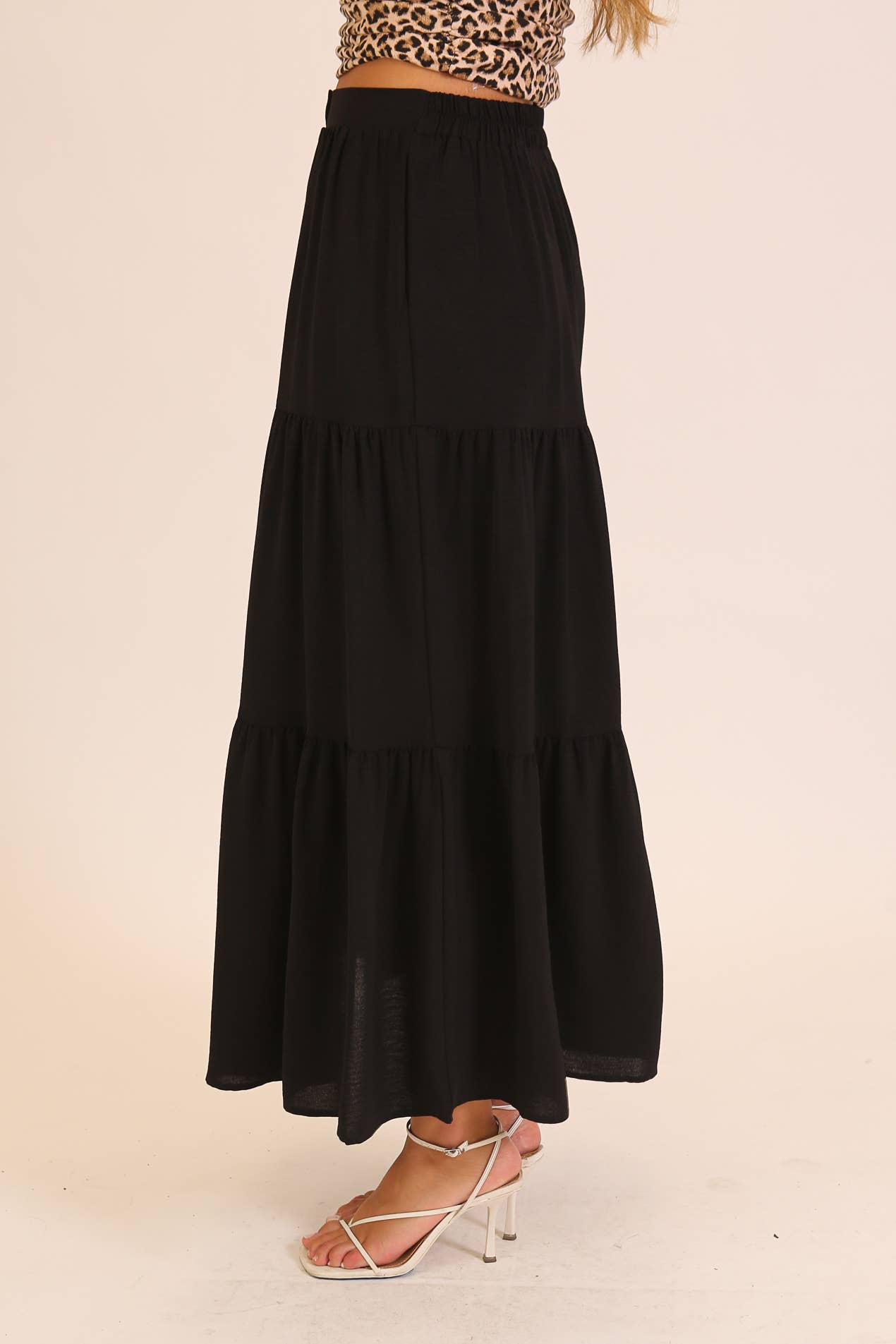Button Front Tiered Maxi Skirt: Khaki / M
