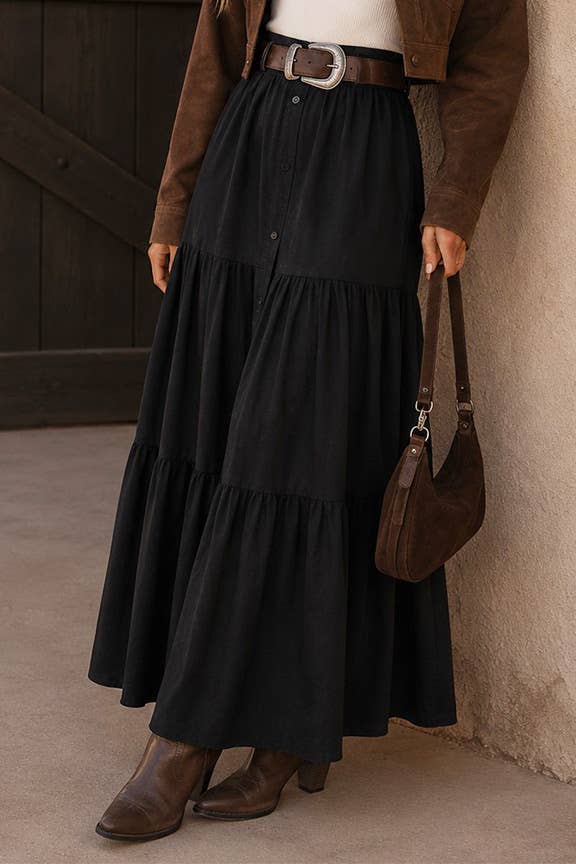 Button Front Tiered Maxi Skirt: Khaki / M