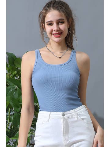 SOLID RIB KNIT BASIC CAMI TANK TOP: DENIM / (XL) 1
