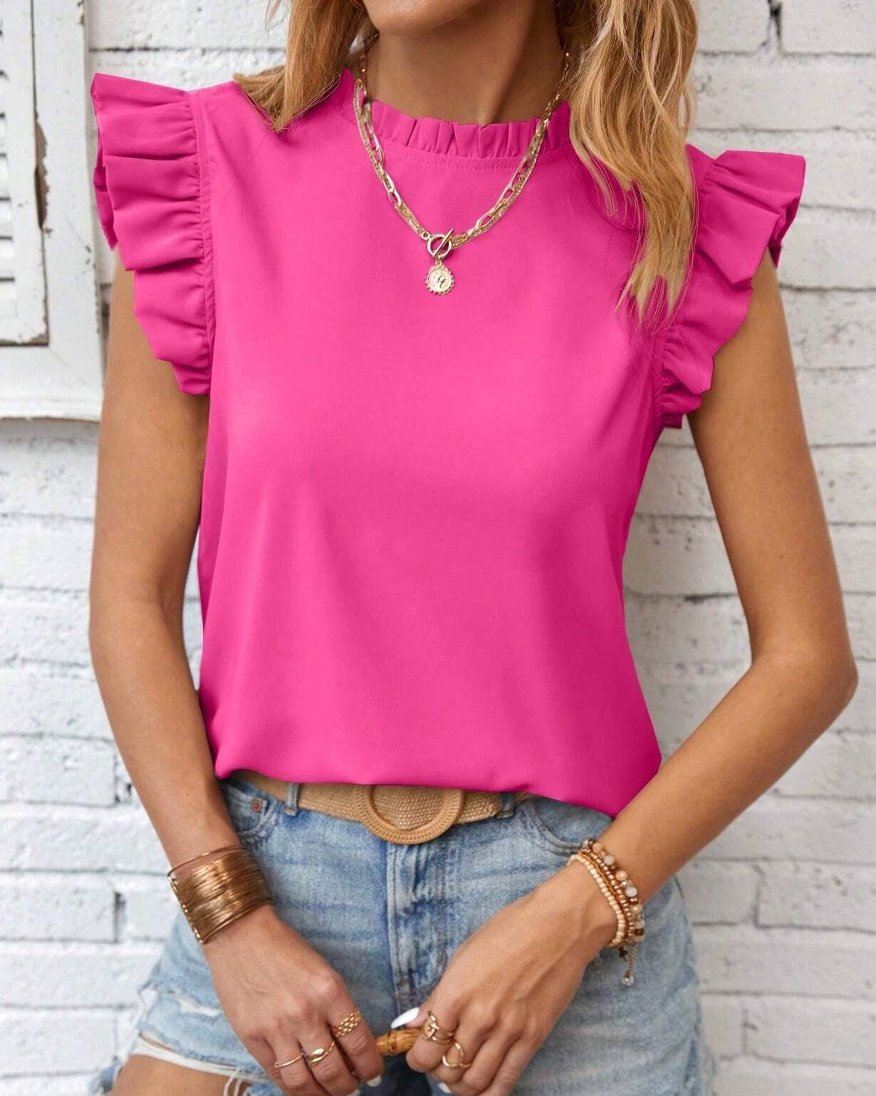 Everyday Round Neck Ruffled Sleeve Solid Color Top