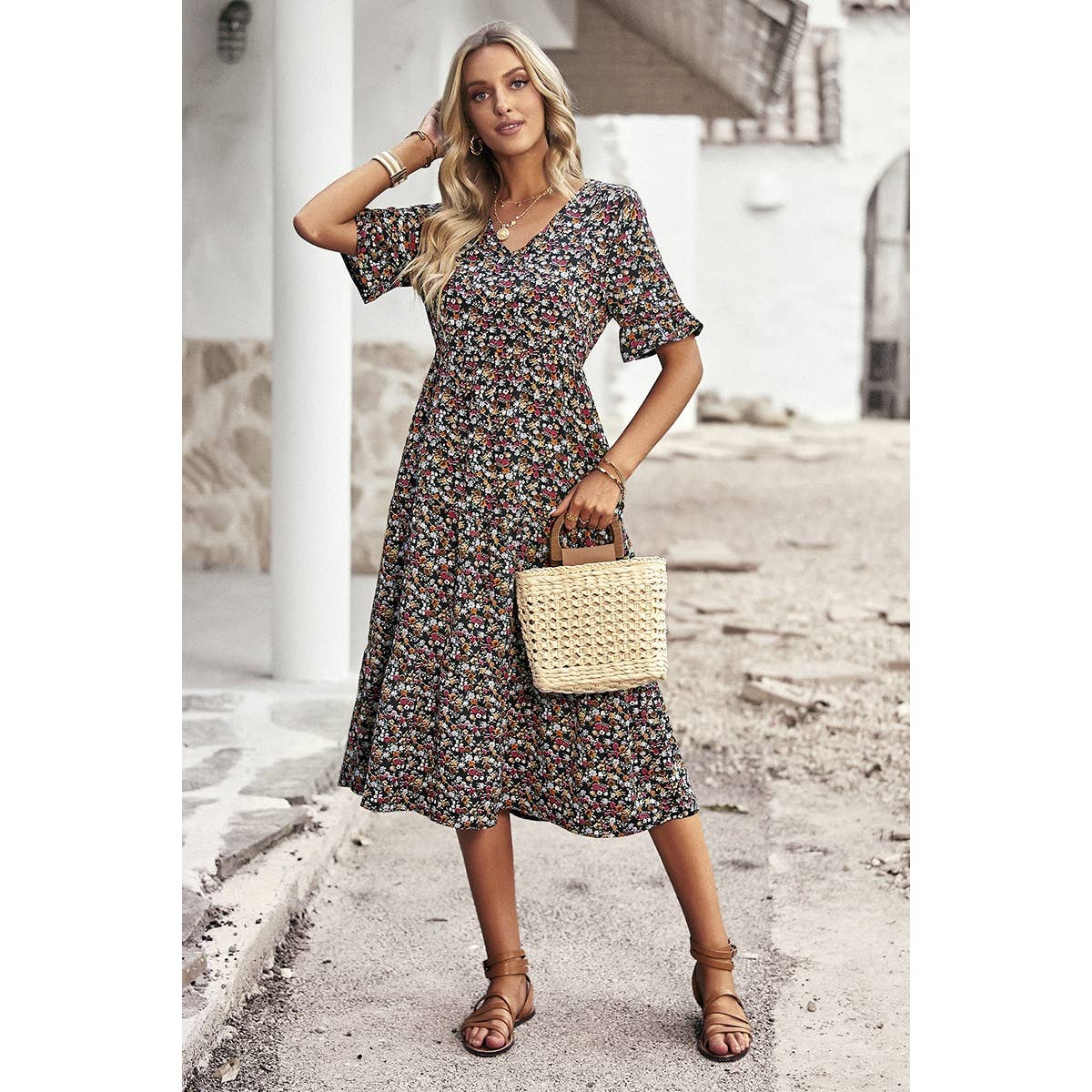 Boho Floral Ruffle Hem V Neck Short Sleeve Dress: BEIGE