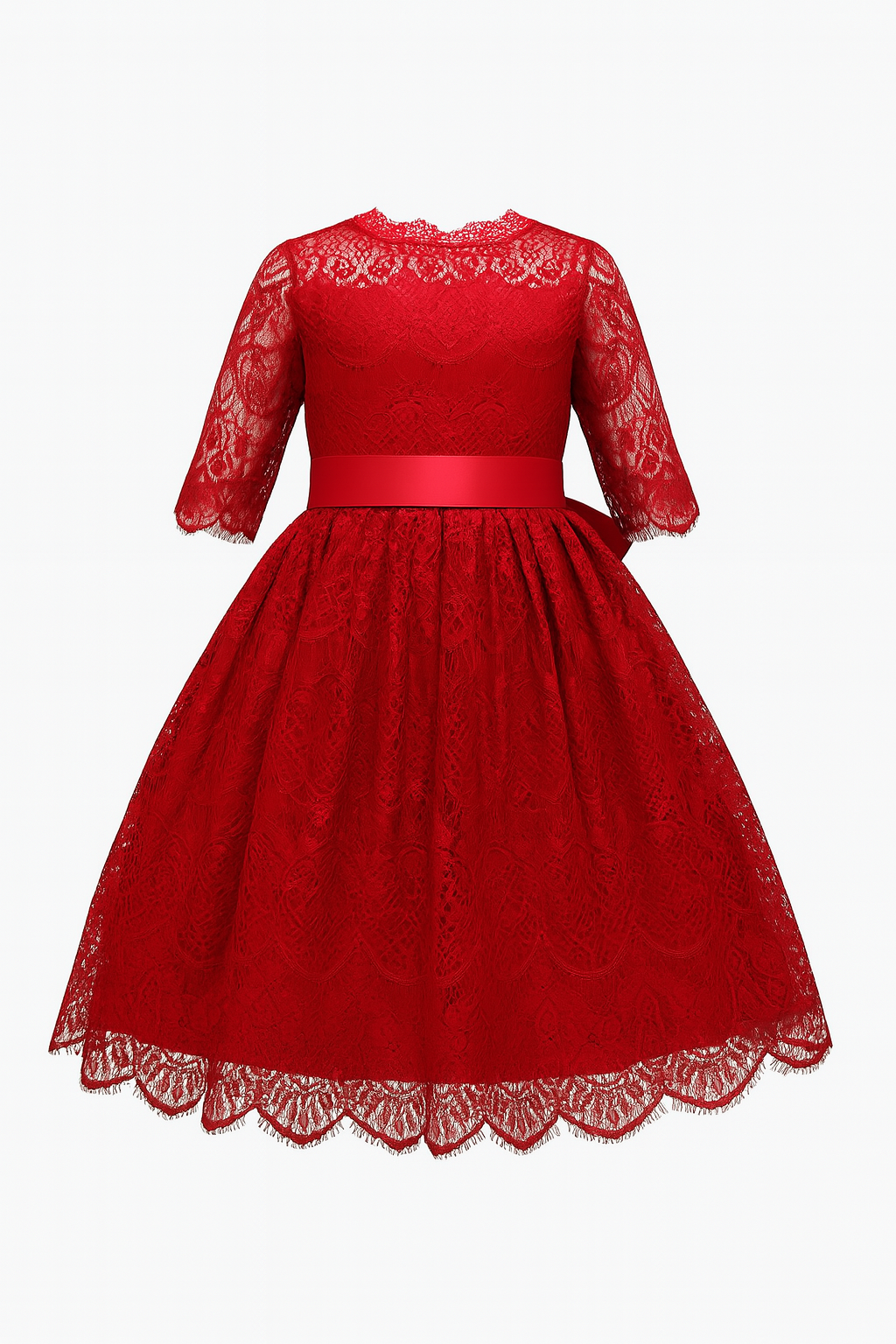 Red Vintage Lace 3/4 Sleeve A-Line Girl Dress :
