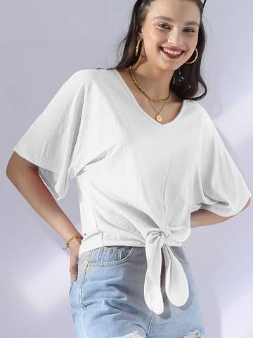 V NECK TIE UP SHORT SLEEVE CASUAL COOL TOP: Orange