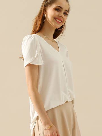 SOLID V NECK SHORT TULIP SLEEVE TUNIC TOPS: