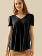 SOLID V NECK SHORT TULIP SLEEVE TUNIC TOPS: