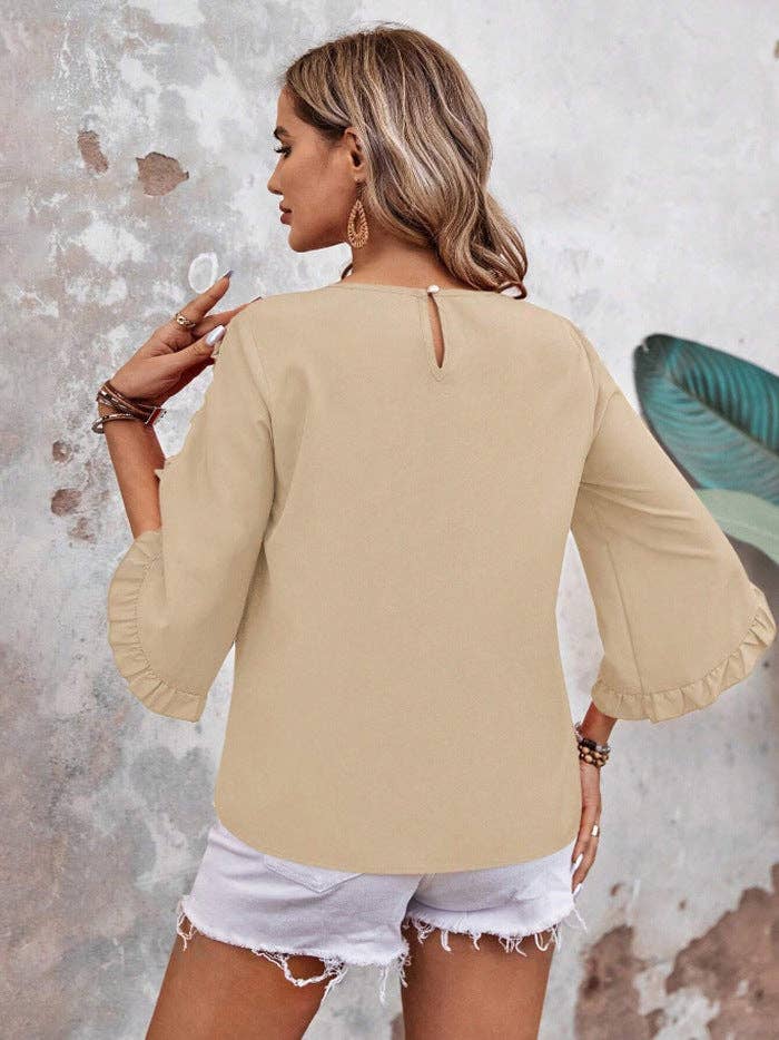 Women’s Solid Ruffle Sleeve Loose Fit Summer Blouse: Red / 95% and above polyester (polyester fiber) / 2XL