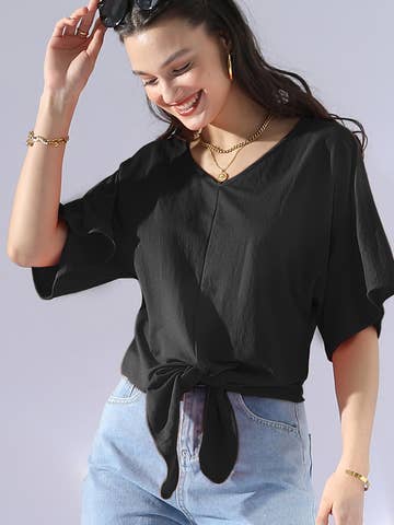 V NECK TIE UP SHORT SLEEVE CASUAL COOL TOP: Orange