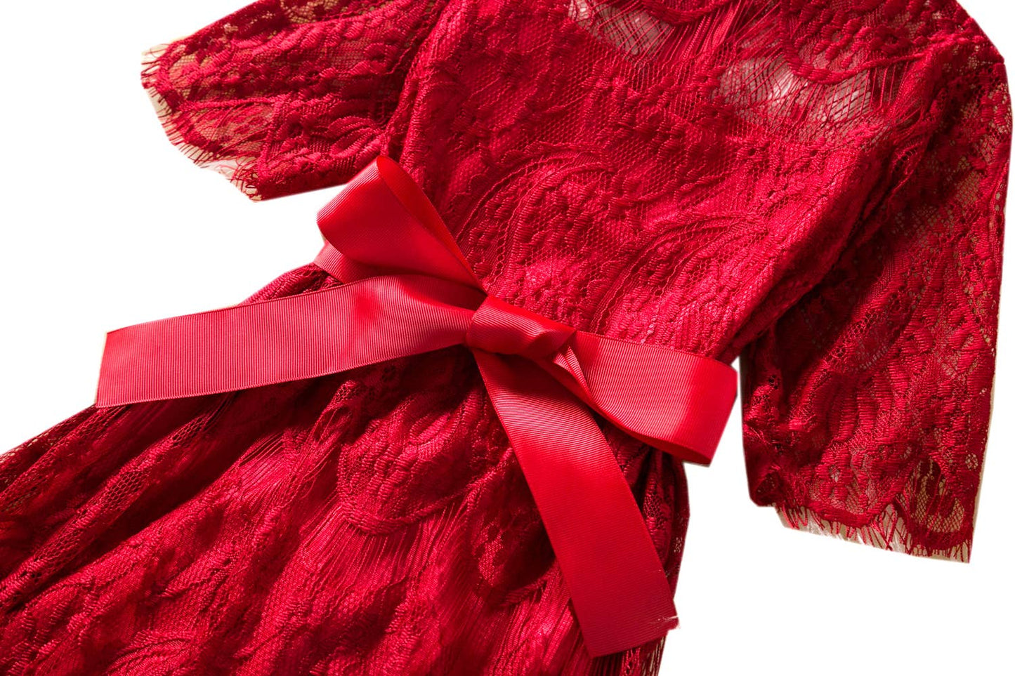 Red Vintage Lace 3/4 Sleeve A-Line Girl Dress :