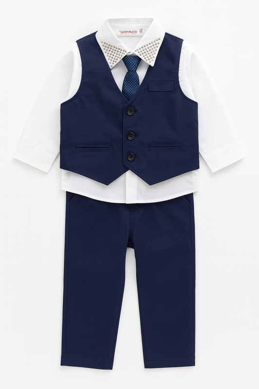 Navy White Studded 4pcs Boy Formal Suit Outfit:
