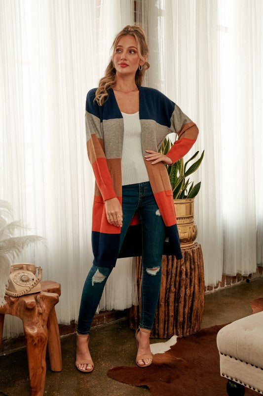 Fall Color Blocl Pocket Cardigan