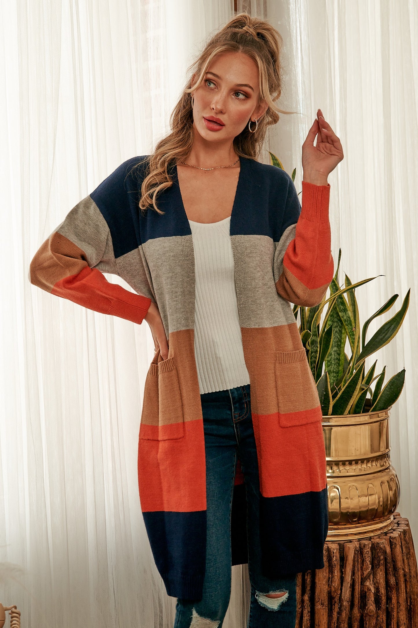 Fall Color Blocl Pocket Cardigan