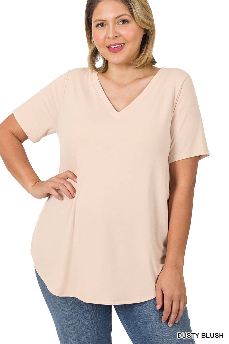 ',...[PLUS SIZE] SHORT SLEEVE V-NECK ROUND HEM TOP: MOCHA-55707 / 3X