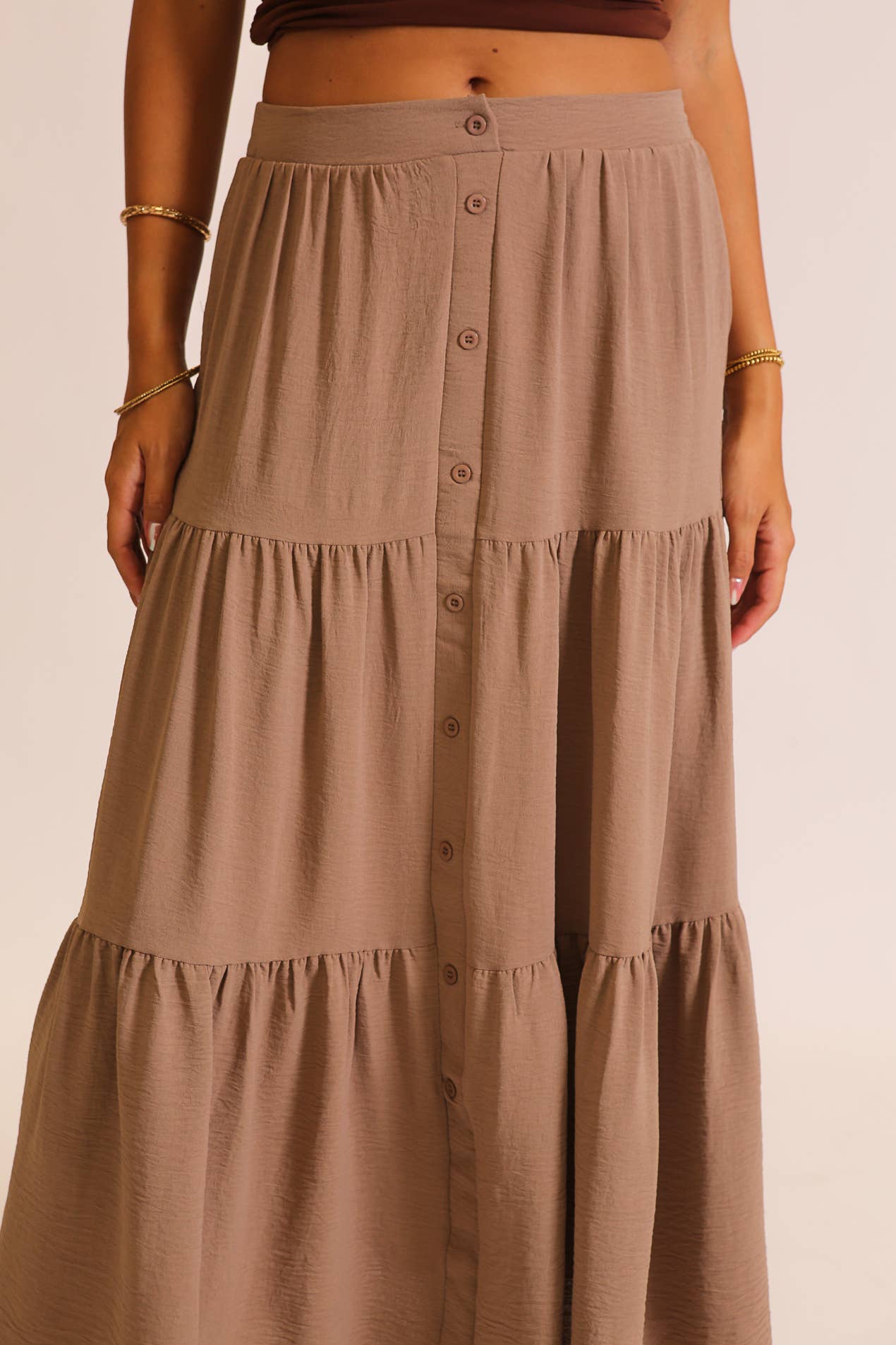 Button Front Tiered Maxi Skirt: Khaki / M