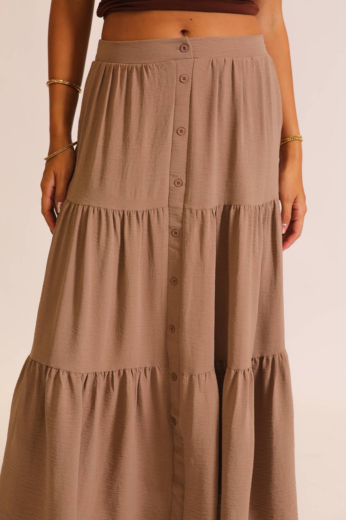 Button Front Tiered Maxi Skirt: Khaki / L