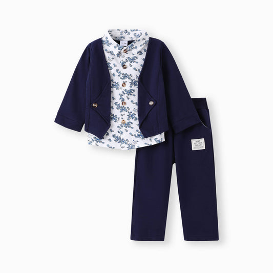 2pcs Baby Boy 95% Cotton Long-sleeve Faux-two Floral Print: Royal Blue /
