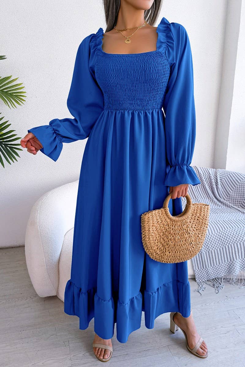 Square Neck Swing Flounce Long Dress