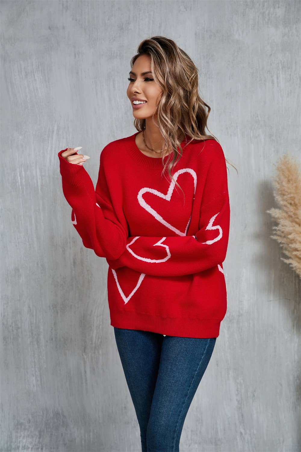 Valentine's Day color contrast heart pullover sweater: RED / (L) 1