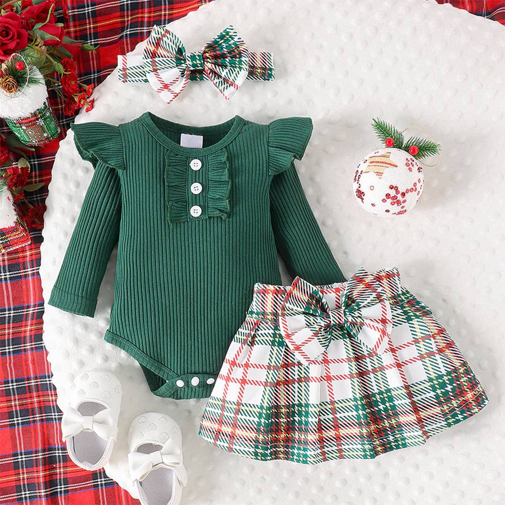 Plaid Ruffled Baby Dress & Headband: Green