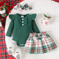 Plaid Ruffled Baby Dress & Headband: Green