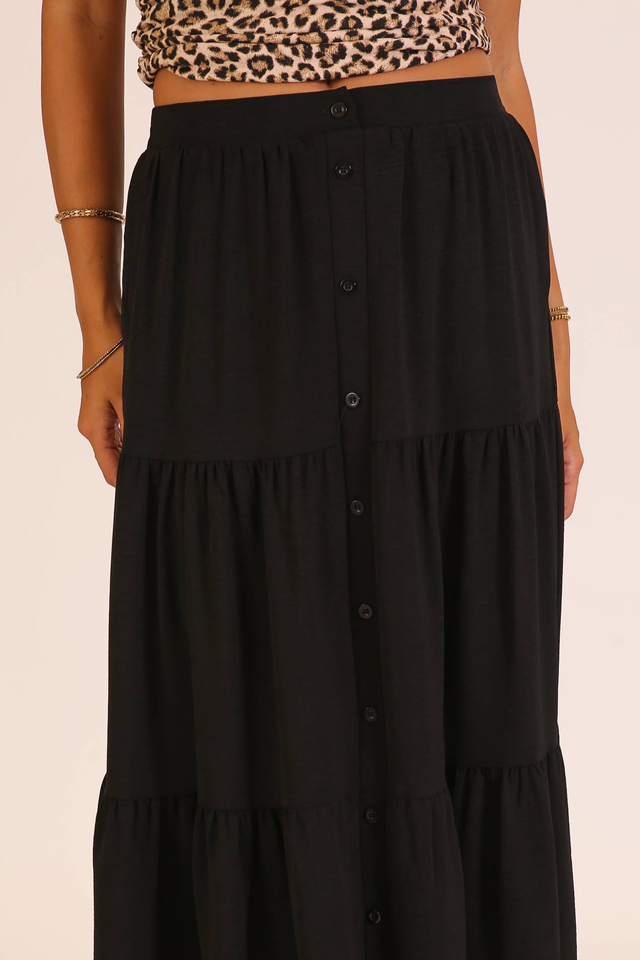 Button Front Tiered Maxi Skirt: Khaki / M