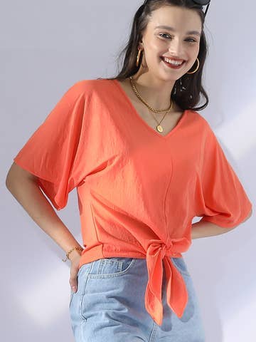 V NECK TIE UP SHORT SLEEVE CASUAL COOL TOP: Orange
