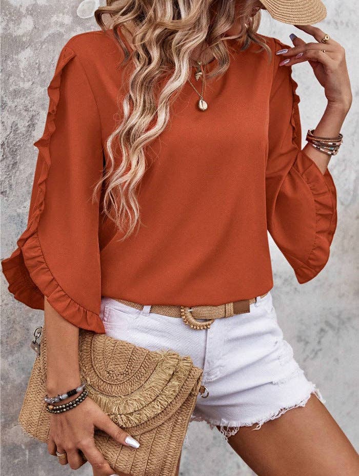 Women’s Solid Ruffle Sleeve Loose Fit Summer Blouse: Red / 95% and above polyester (polyester fiber) / 2XL