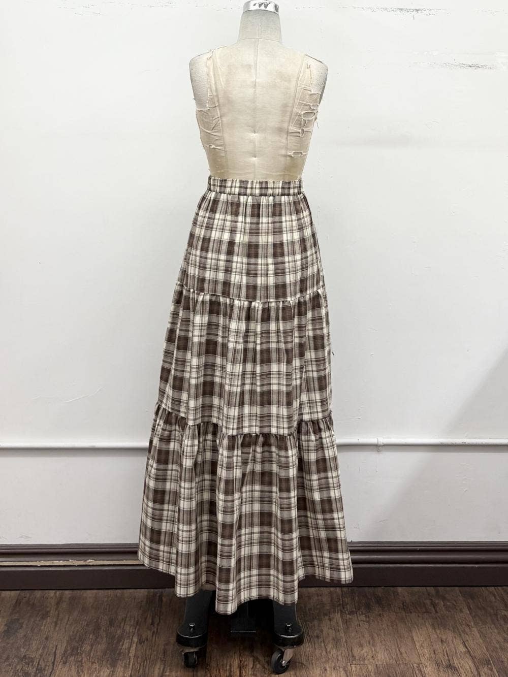 Plaid Tiered Maxi Skirt: Brown multi / S