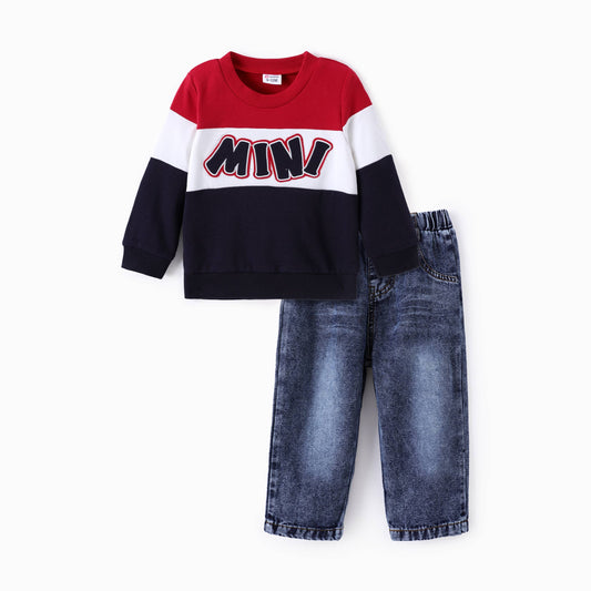 Baby Boy 2pcs Towel Embroidered Sweatshirt and Denim Pants: Red / 9-12 Months