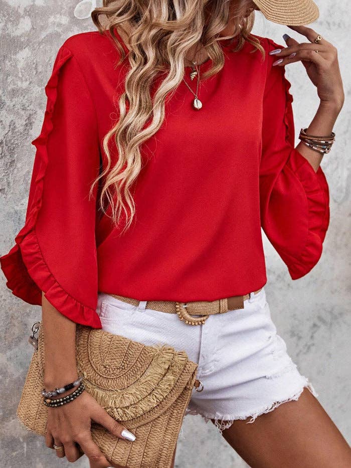 Women’s Solid Ruffle Sleeve Loose Fit Summer Blouse: Red / 95% and above polyester (polyester fiber) / 2XL