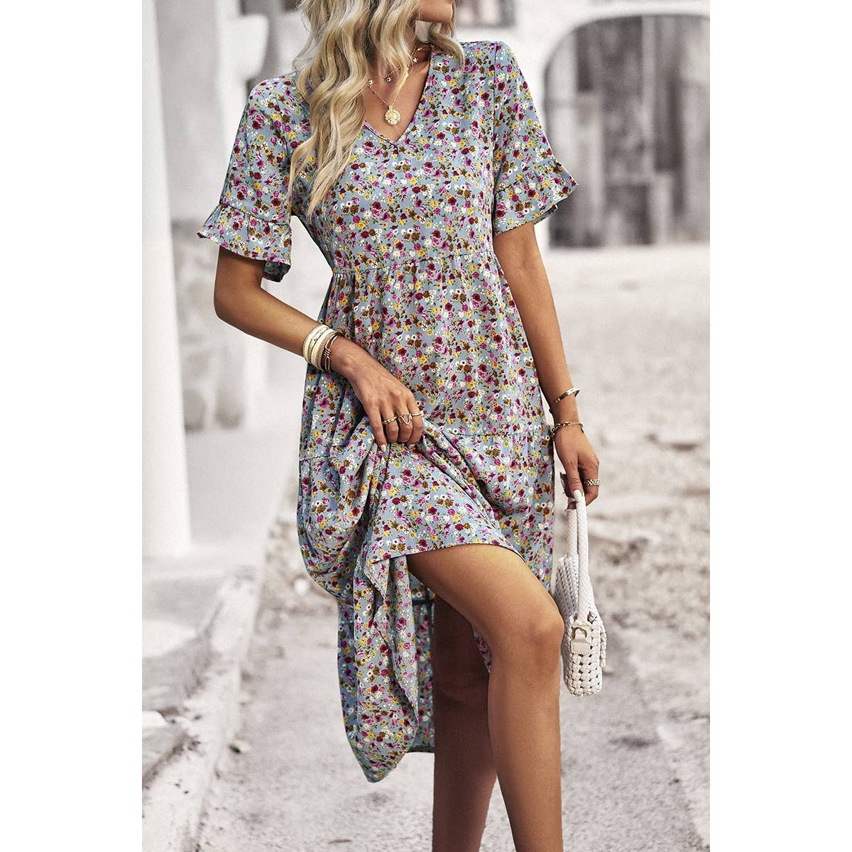 Boho Floral Ruffle Hem V Neck Short Sleeve Dress: BEIGE