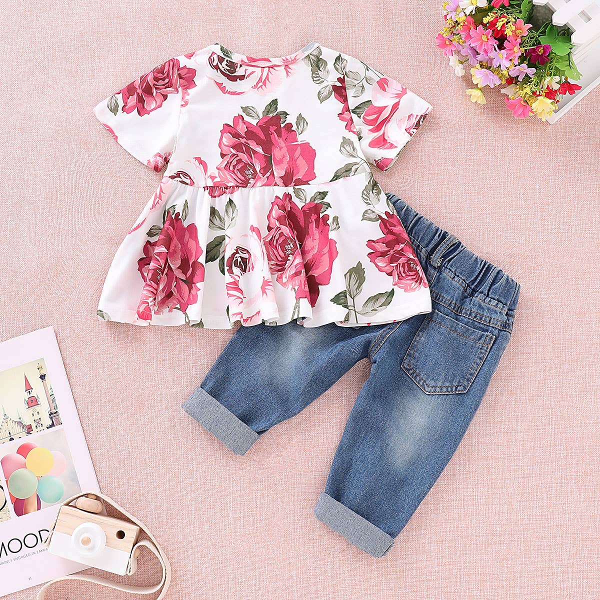 2-Piece Baby Girl 95% Cotton Ripped Denim Jeans & Floral Top: Multi-color / 6-9 Months