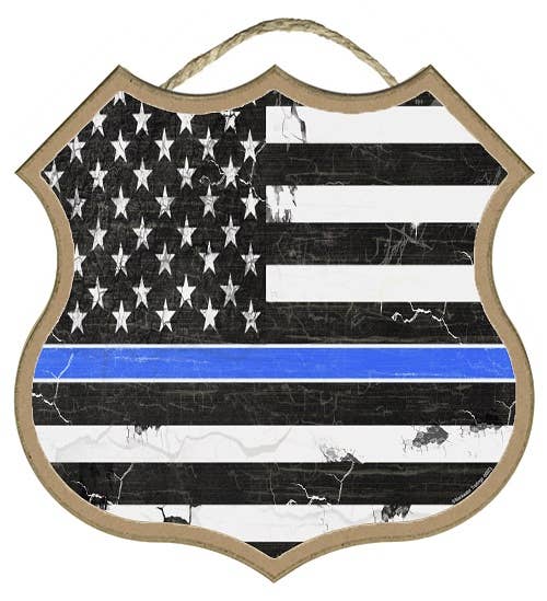 Thin Blue Line Flag  10" Shield shape wood plaque, sign. Pol