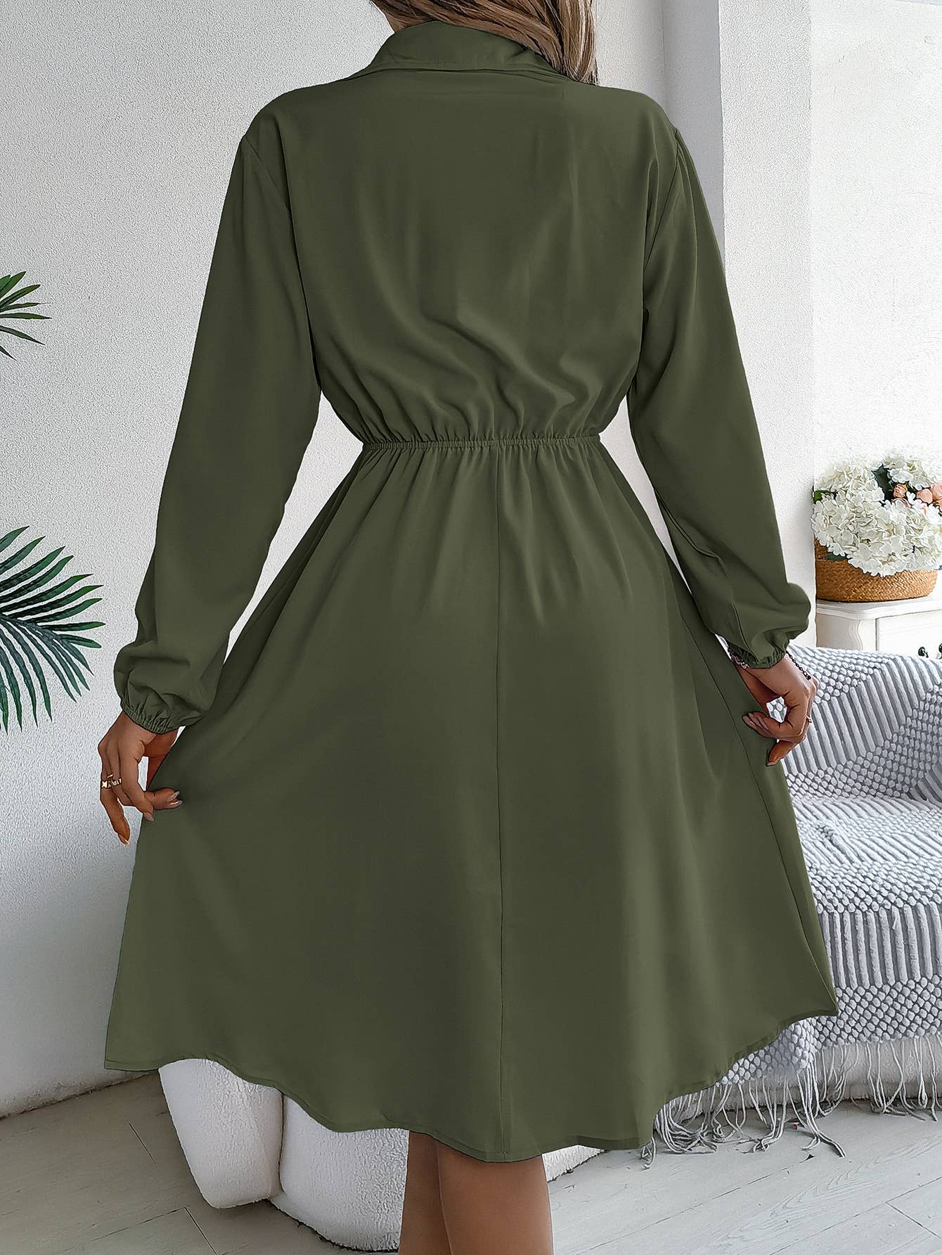 CASUAL BUTTON-UP WAIST LONG SLEEVE SHIRT DRESS: WINE / (M) 1