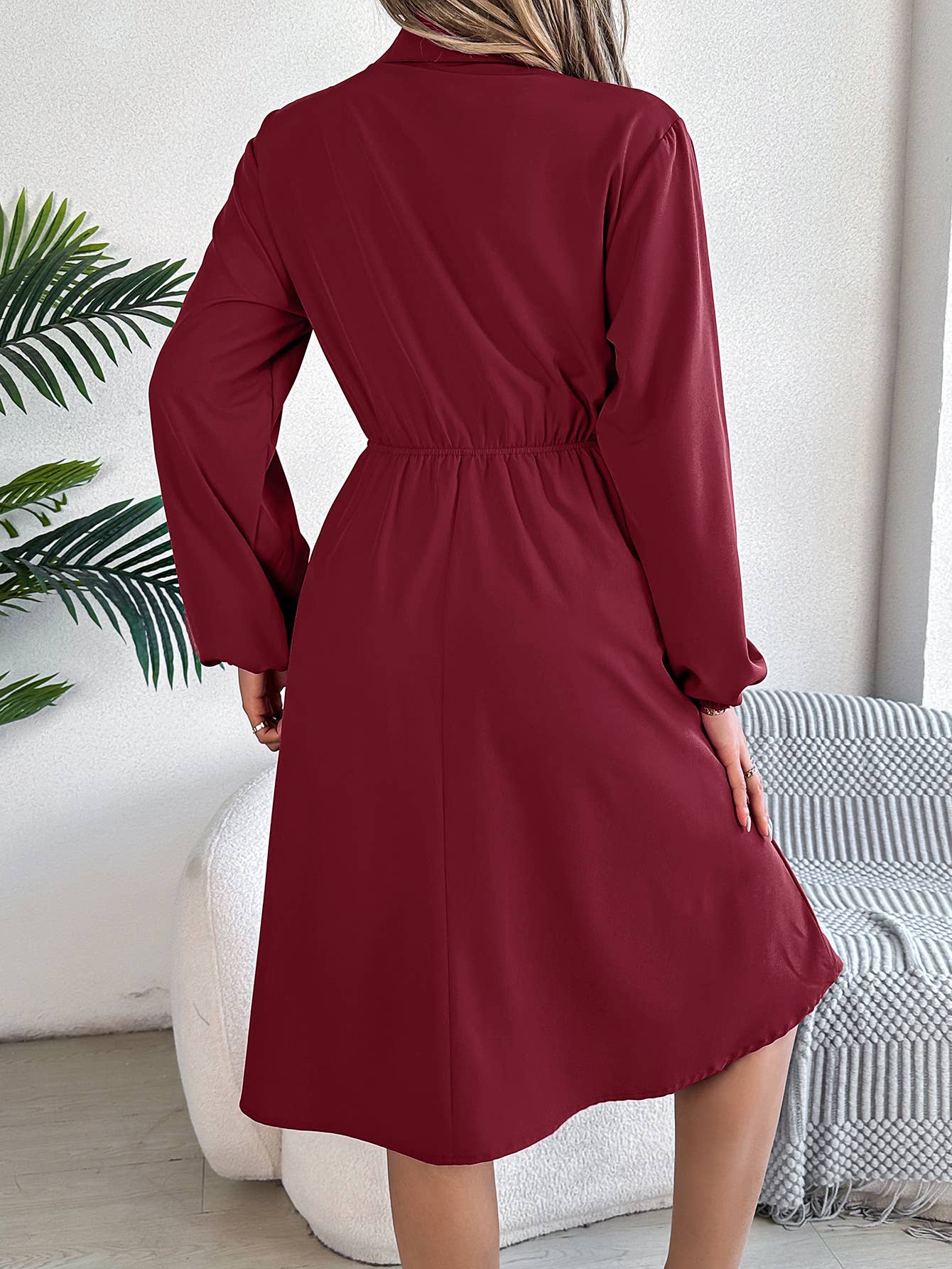 CASUAL BUTTON-UP WAIST LONG SLEEVE SHIRT DRESS: WINE / (S) 1